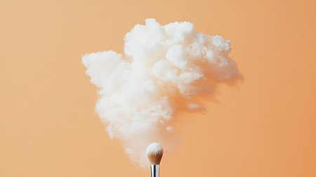 A single natural bristle brush releasing a cloud of soft powder as it taps against a minimalist background.の素材