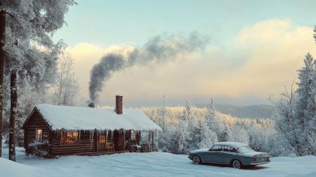 A snow-covered car parked in front of a cozy cabin, with smoke rising from the chimney in a serene winter landscape.の素材
