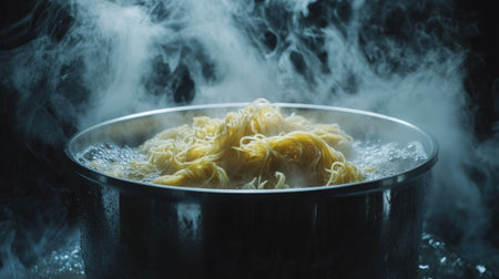 A stainless steel pot filled with boiling water, with uncooked spaghetti slowly softening and sinking into the bubbling surface.の素材