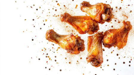 A shot of roasted chicken wings seasoned with spices, as the spices fly above, creating an action-packed scene isolated on a white background.の素材