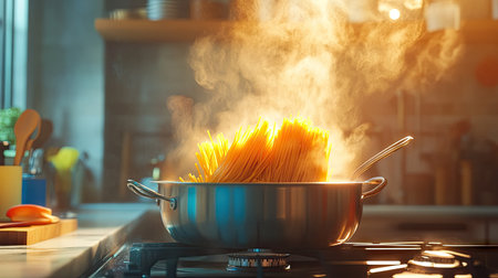 A vibrant kitchen scene with a pot of spaghetti boiling on the stove, steam clouding the air.の素材