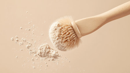 A single natural bristle brush releasing a cloud of soft powder as it taps against a minimalist background.の素材