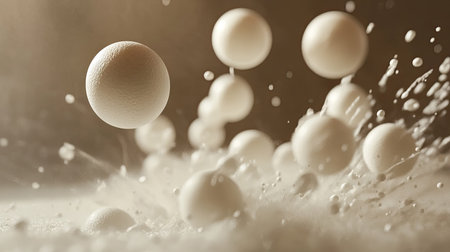 A slow-motion style capture of Styrofoam mini balls scattering outward, with shimmering light creating a dreamy effect.の素材