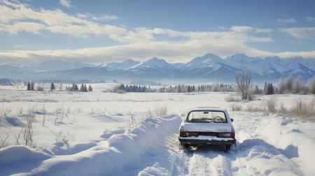 A snowed-in car surrounded by untouched snow in a rural area, with mountains visible in the background.の素材