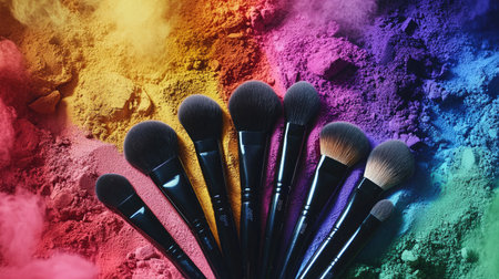 A sleek arrangement of natural bristle brushes surrounded by a colorful explosion of makeup powder in vibrant hues.の素材