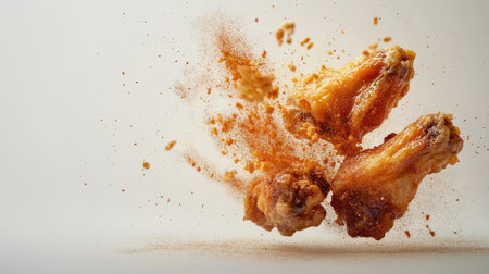 A shot of crispy roasted chicken wings, seasoned with a flying burst of spices, captured against a white background.の素材