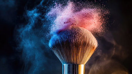A single makeup brush releasing a fine mist of powder, with colorful particles catching the light on a dark background.の素材