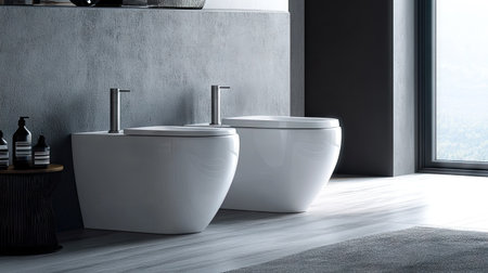 A white toilet bowl in a stylish bathroom with a chic seat cover, complementing the overall modern design of the space.の素材