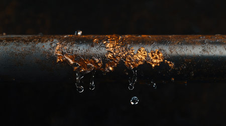 A steady trickle of water leaking from a corroded section of a stainless steel pipe, isolated on a dark background.の素材