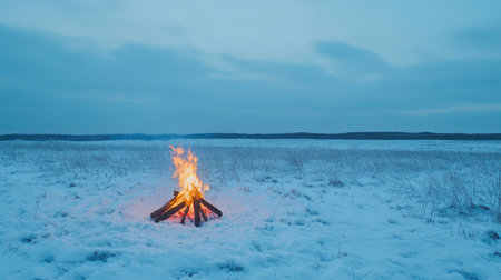 A solitary campfire in the middle of a snow-covered field, with soft orange flames contrasting the icy surroundings.の素材