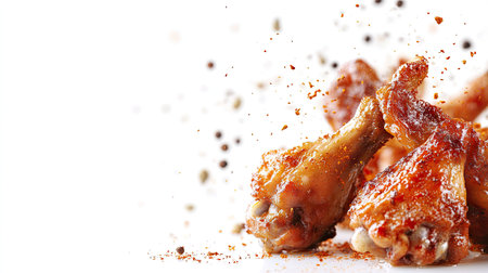 A tasty scene of roasted chicken wings, with spices flying through the air, enhancing the flavor against a white background.の素材