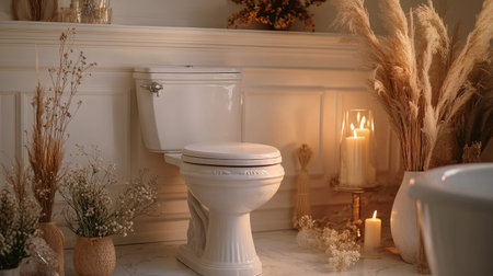 A white toilet bowl adorned with a decorative seat cover, surrounded by elegant bathroom decor and soft lighting.の素材