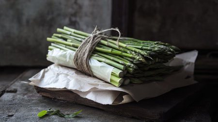A stack of fresh green asparagus wrapped in parchment paper and tied with natural twine, on a rustic table.の素材
