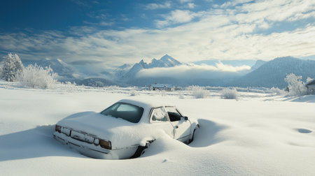 A snowed-in car surrounded by untouched snow in a rural area, with mountains visible in the background.の素材