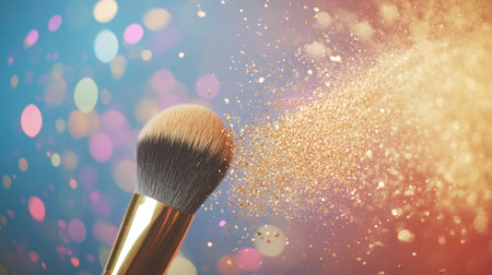 A soft-focus shot of a makeup brush releasing shimmering gold powder, with colorful particles in the background.の素材