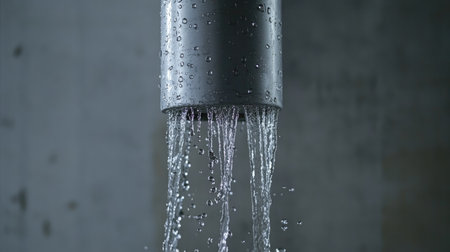 A stainless steel pipe with a visible water leak, streams of water trickling down against a neutral gray backdrop.の素材