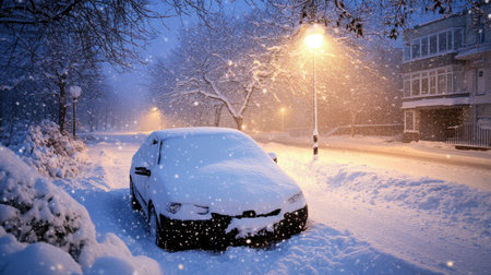 A vehicle covered with snow, its windshield wipers sticking out, parked under a streetlight in the evening.の素材