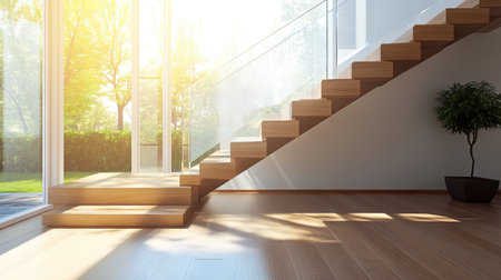 A sleek set of wooden stairs with clean lines and glass railings in a modern, sunlit house interior.の素材