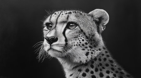 A striking closeup of a cheetah in full focus, capturing the graceful details of its face, including its whiskers and sharp gaze.の素材
