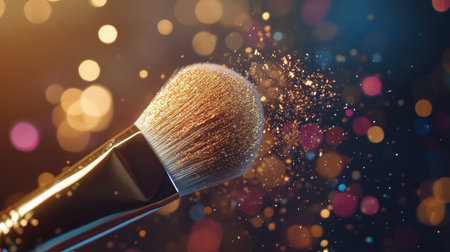 A soft-focus shot of a makeup brush releasing shimmering gold powder, with colorful particles in the background.の素材