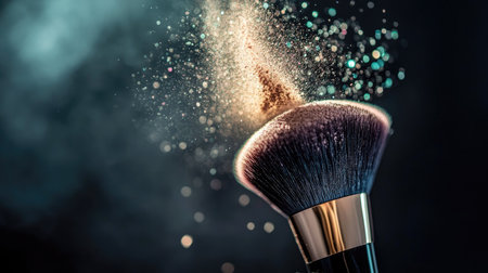 A single makeup brush releasing a fine mist of powder, with colorful particles catching the light on a dark background.の素材