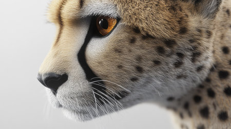 A striking closeup of a cheetah in full focus, capturing the graceful details of its face, including its whiskers and sharp gaze.の素材