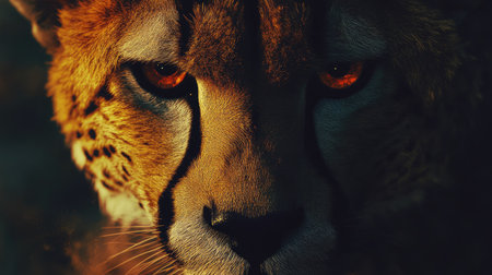 A striking cheetah closeup, with a sharp, powerful expression and intricate details of its fur and facial features.の素材
