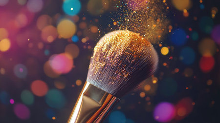 A soft-focus shot of a makeup brush releasing shimmering gold powder, with colorful particles in the background.の素材