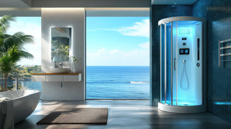 A spacious bathroom with an electric water heater and a glass shower cabin, the water heater providing hot water for a refreshing shower.の素材