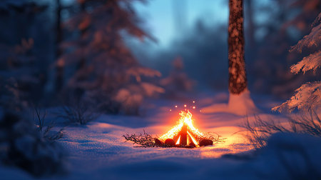 A small campfire in the snow at dusk, with warm light glowing in the icy blue surroundings of a winter forest.の素材