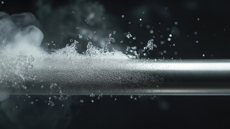 A stainless steel pipe with water escaping from a loose joint, creating a fine mist in the air.の素材