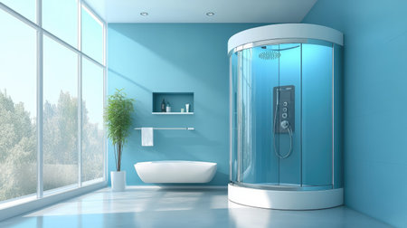 A spacious bathroom with an electric water heater and a glass shower cabin, the water heater providing hot water for a refreshing shower.の素材