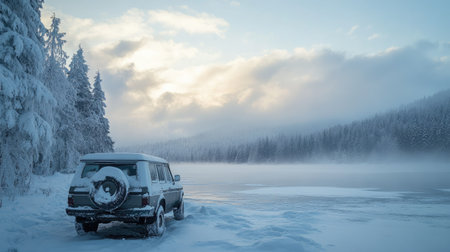 A vehicle covered in snow parked near a frozen lake, with a snow-capped forest in the distance.の素材