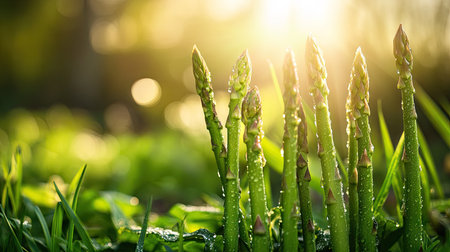 Bright green asparagus spears growing in the early morning sunlight, surrounded by dewy grass.の素材