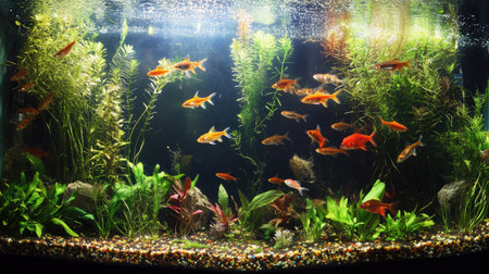 A stunning aquarium filled with exotic fish species, each displaying unique colors, swimming freely in a peaceful, well-lit tank.の素材