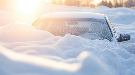 Close-up of a car windshield buried under snow, with frosty patterns forming on the glass in soft natural light.の素材