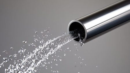 A stream of water spraying out of a small hole in a stainless steel pipe, captured mid-air on a simple background.の素材