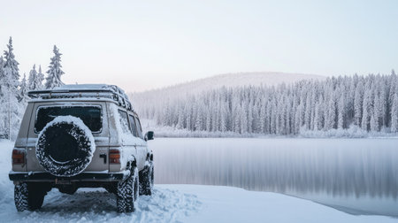 A vehicle covered in snow parked near a frozen lake, with a snow-capped forest in the distance.の素材