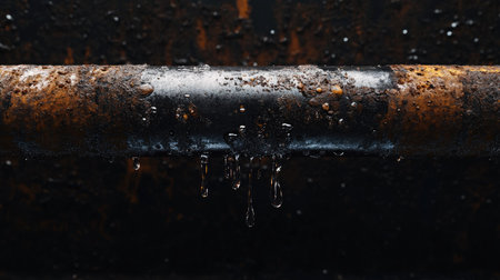 A steady trickle of water leaking from a corroded section of a stainless steel pipe, isolated on a dark background.の素材