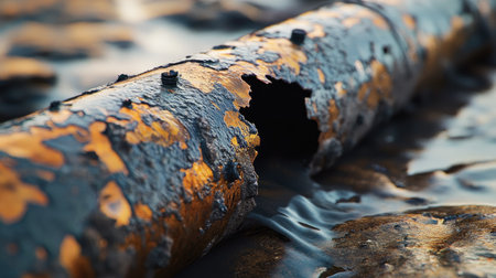 A stream of water leaking from a corroded stainless steel pipe, with focus on the texture and damage.の素材