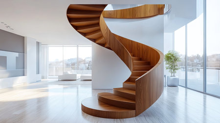 A spiral wooden staircase in a modern home, set against a backdrop of a minimalist, open-plan living area.の素材