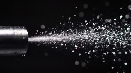 A steady spray of water leaking from the side of a stainless steel pipe, highlighted against a black background.の素材