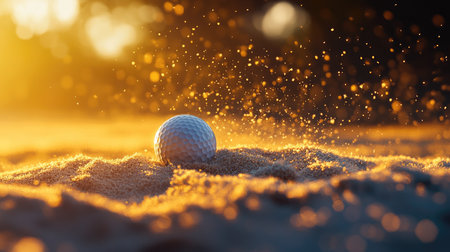 A vibrant action shot of a golf ball leaving a tee in a sand bunker, with grains of sand sparkling in sunlight.の素材
