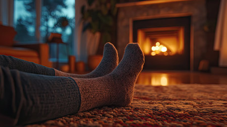 A woman's legs in cozy socks, resting on a soft rug near a glowing fireplace in a modern home interior.の素材