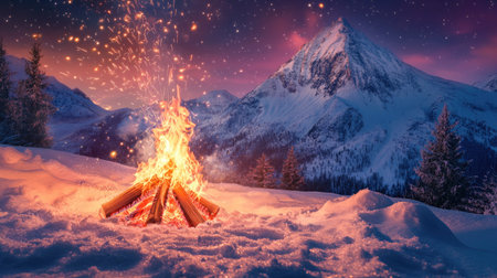 A vibrant campfire surrounded by fresh snow, with sparks flying upward against a serene mountain backdrop.の素材