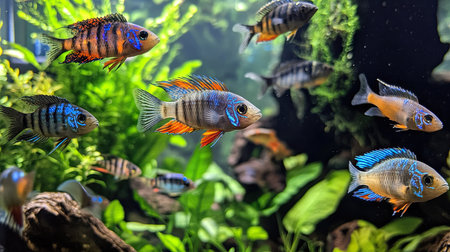 A stunning aquarium filled with exotic fish species, each displaying unique colors, swimming freely in a peaceful, well-lit tank.の素材