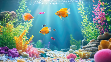 A well-maintained aquarium with vibrant fish, plants, and decorations creating a visually stunning aquatic ecosystem.の素材