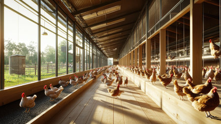 Chickens roaming freely inside a well-lit indoor farm, with wooden floors and natural light streaming in through the windows.の素材