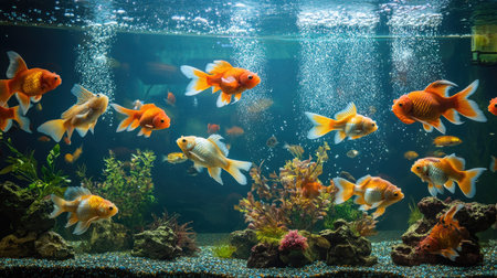 A wide-angle shot of an aquarium tank filled with fish swimming in different directions, creating a dynamic underwater environment.の素材