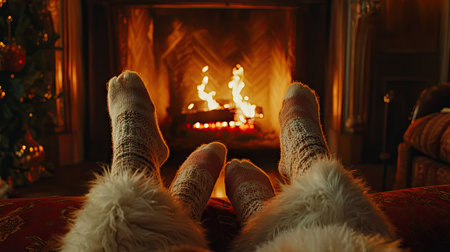 A woman's legs in fluffy socks propped up on a footrest, with a crackling fireplace in the background creating a warm ambiance.の素材